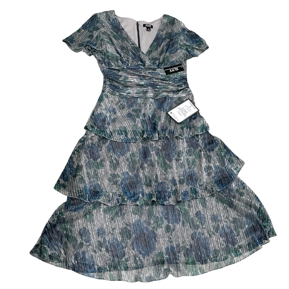 SLNY Metallic Tiered Flutter Sleeve Dress Size 12 NWT Evening Cocktail